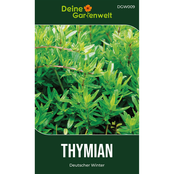 Samentüte für Thymian, Sorte Deutscher Winter, mit Nahaufnahme der Kräuterpflanze. Deine Gartenwelt Logo.