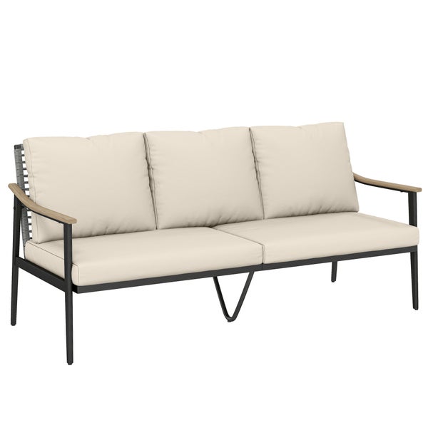 Dreisitzer Gartensofa mit schwarzem Metallgestell, Holzarmlehnen, seitlicher Seilbespannung und hellen Polstern.