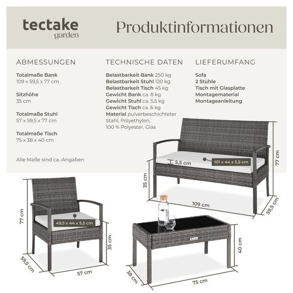 Rattan Sitzgruppe tectake Sparta schlanke Gestelle für 4 Personen grau