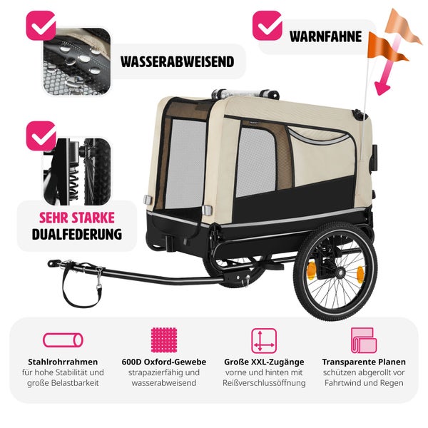Hundeanhänger tectake WoofRider inklusive Reflektoren, Leine und Warnfahne 3in1 multifunktional beige