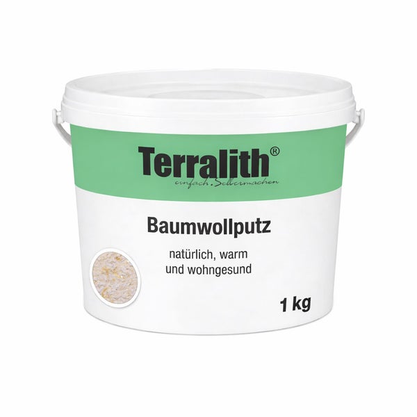 Terralith Baumwollputz im 1 Kilogramm Eimer, natürliche Wandbeschichtung für ein gesundes Raumklima. Terralith Logo.