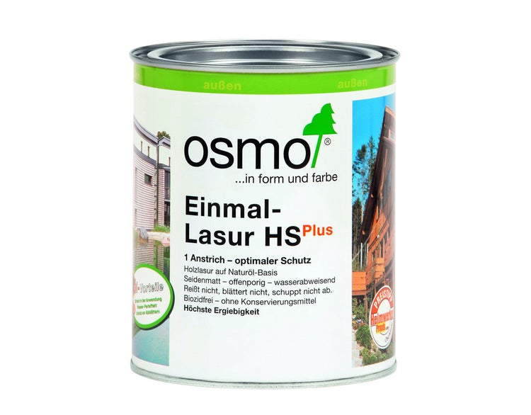 Osmo Einmal-Lasur HS Plus Holzlasur auf Naturöl-Basis für außen, seidenmatt und wasserabweisend in der Metalldose.