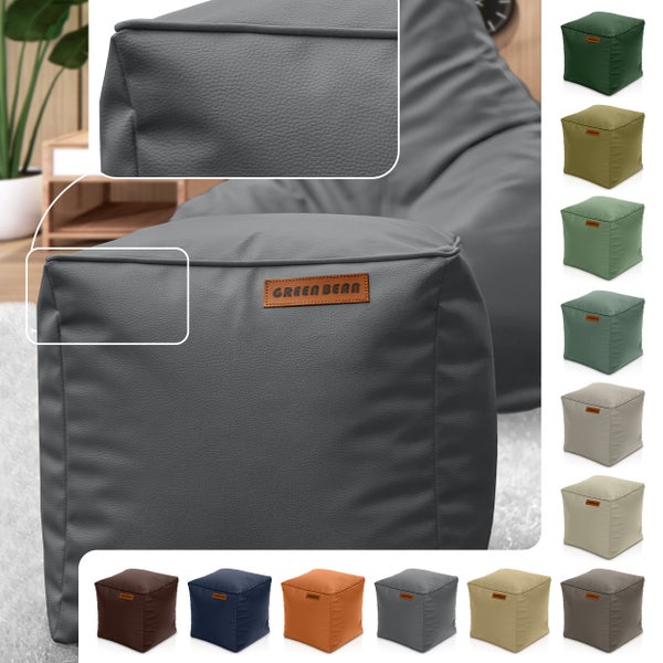 Grauer Sitzwürfel aus Kunstleder mit Green Bean Logo