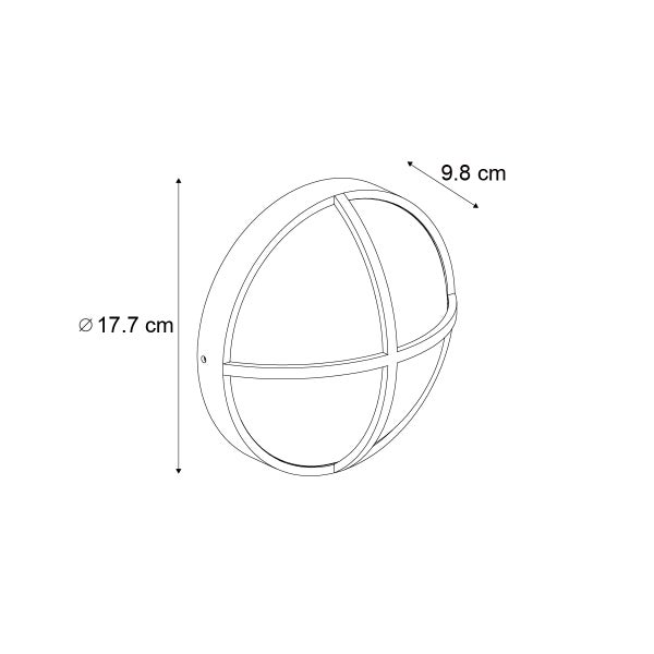 Maßzeichnung einer runden Außenleuchte mit Gitter, Durchmesser 17.7 Zentimeter und Tiefe 9.8 Zentimeter.