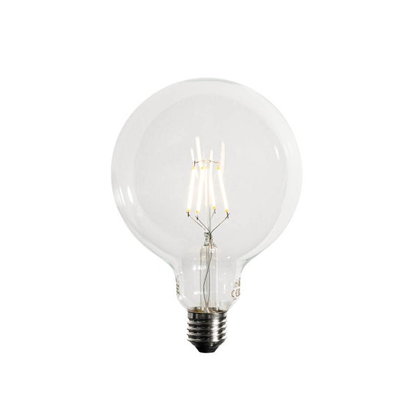 LED-Filament-Globelampe aus klarem Glas mit E27-Sockel.