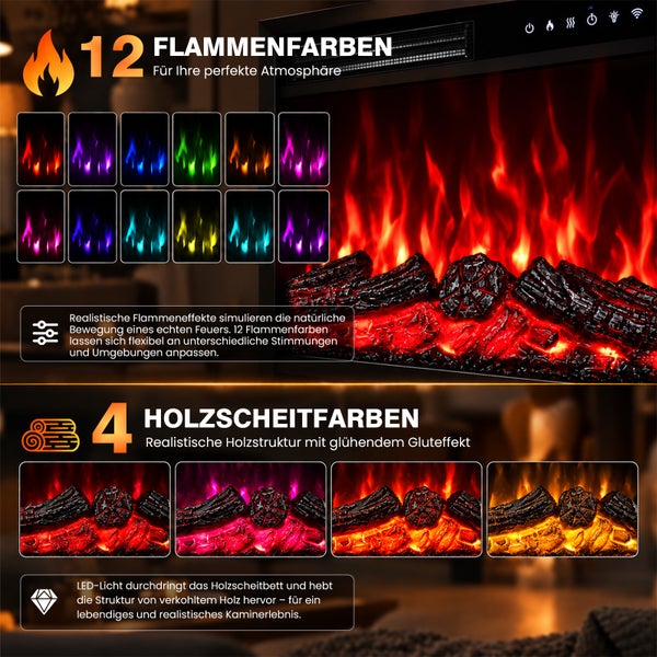 Elektrokamin mit 12 Flammenfarben und 4 Holzscheitfarben für ein realistisches Kaminerlebnis mit LED Lichteffekten und Glutoptik.