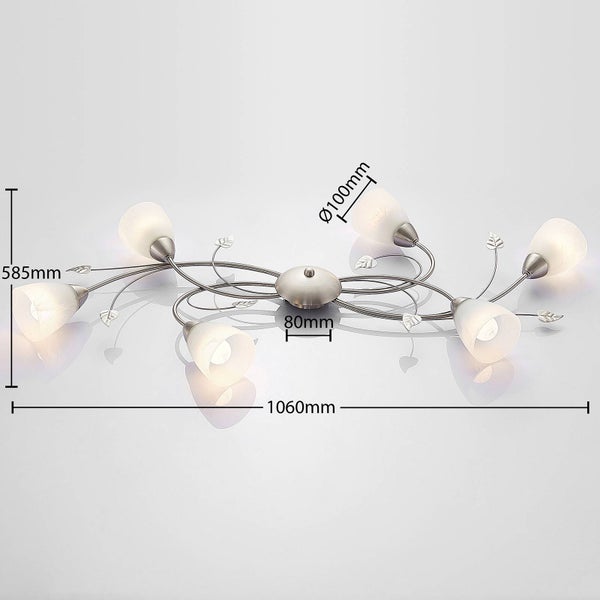 Deckenleuchte mit sechs Lampen, Blattformen und Größenangaben