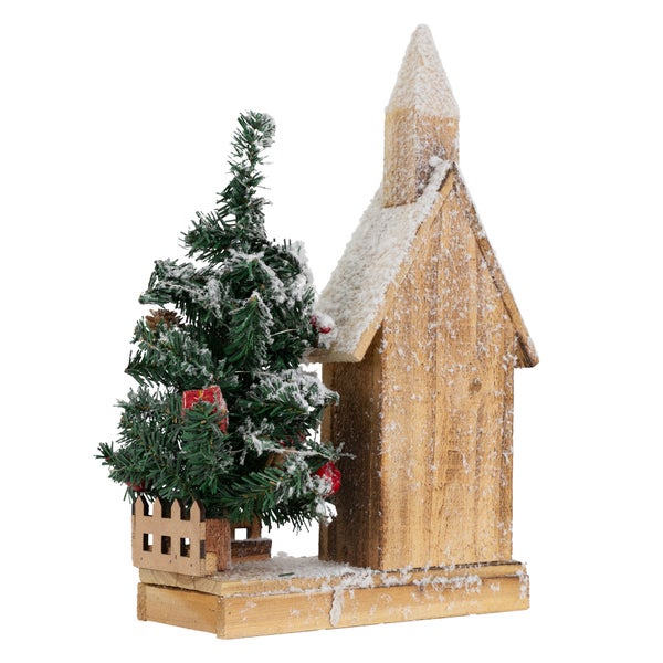 ECD Germany Dekorative Holz-Weihnachtshaus mit LED-Beleuchtung, Warmweiß, 27x11x44 cm, batteriebetrieben, Timer, Deko Holzhaus & Tanne, Winterhaus beschneit, Weihnachtsdeko Innen, Weihnachtsdekoration