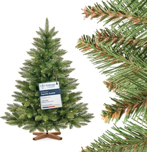 Künstlicher Weihnachtsbaum FairyTrees mit Holzständer und Prüfsiegel für geprüfte Qualität