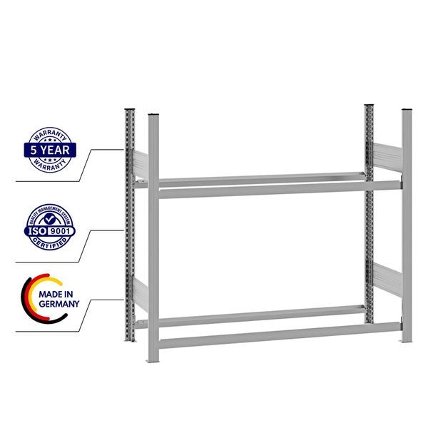 Metallregal-Rahmen für Schwerlastregal, zweistufig, ohne Einlegeböden. Mit Siegeln für 5 Jahre Garantie, ISO 9001 Zertifizierung und Made in Germany.