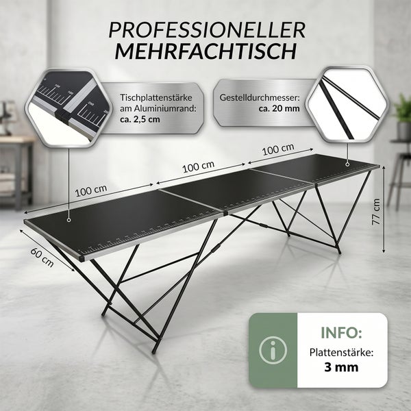 Professioneller Mehrfachtisch, 3 Teile, Länge 300 Zentimeter, Breite 60 Zentimeter, Höhe 77 Zentimeter. Plattenstärke 3 Millimeter, Aluminiumrand.