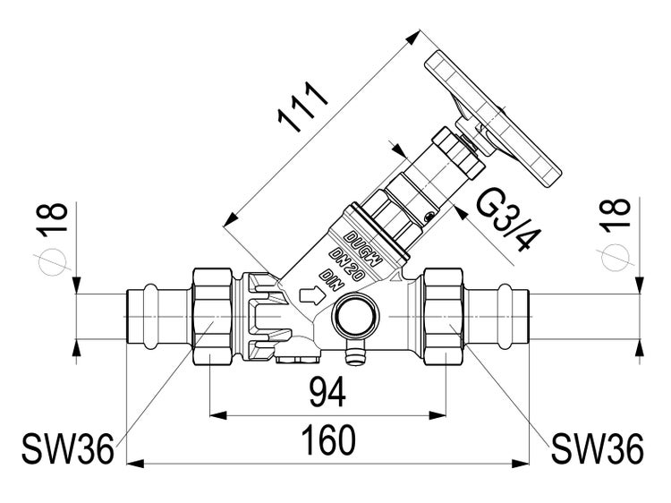 Technische Zeichnung eines Schrägsitzventils DN 20 mit Maßen: Gesamtlänge 160 Millimeter, Durchmesser 18 Millimeter, Schlüsselweite 36.