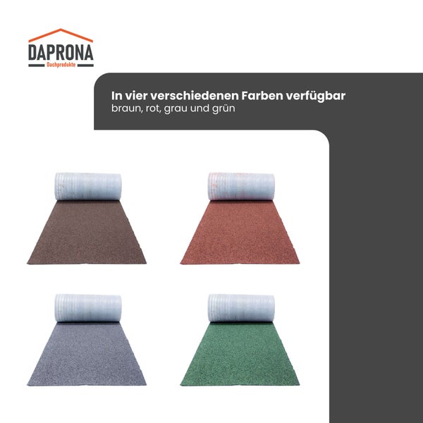 Daprona Logo. Bitumen-Dachbahnen in den Farben braun, rot, grau und grün.