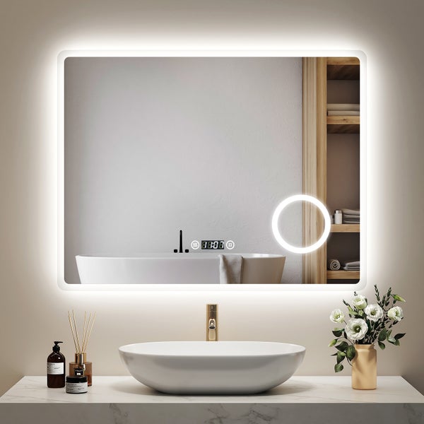 EMKE LED Badspiegel 900x700 mm, Kaltweiß, mit Anti-Beschlag-Funktion, Uhranzeige, 3-fache Vergrößerung, Speicherfunktion, IP44, für das Badezimmer geeignet
