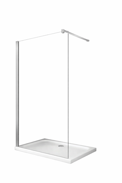 Walk-in Duschwand aus Glas mit Duschwanne und Wandprofil inklusive Stabilisierungsstrebe.