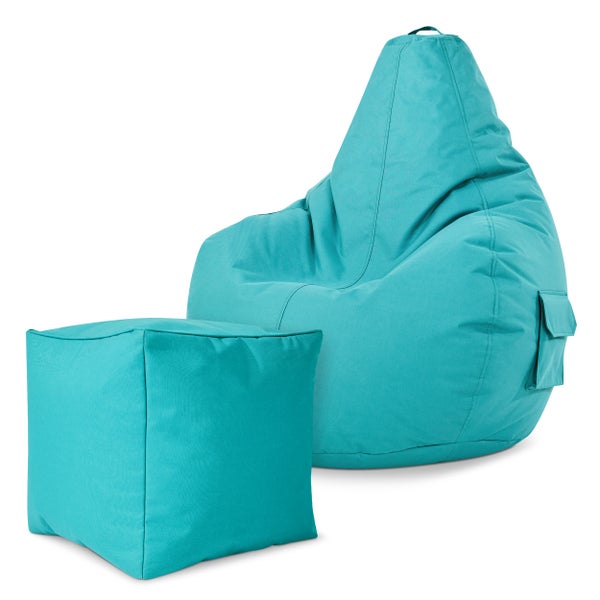 Green Bean© 2er Set Sitzsack + Hocker - fertig befüllt - robust waschbar schmutzabweisend - Kinder & Erwachsene Bean Bag Bodenkissen Lounge Sitzhocker Relax-Sessel Gamer Gamingstuhl Pouf - Türkis