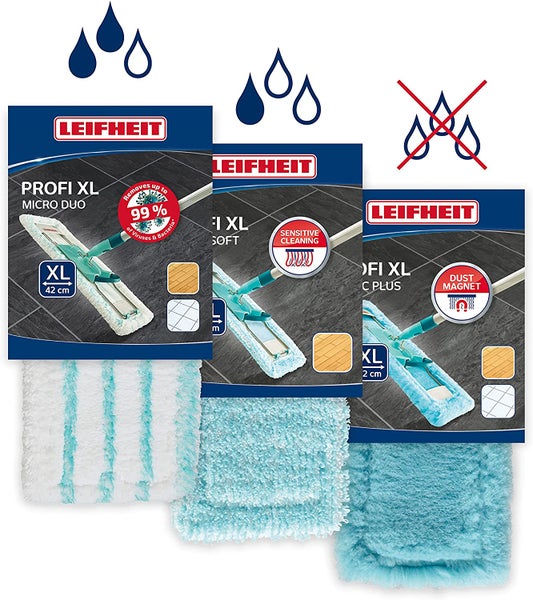 Leifheit 3er Set Wischbezug Profi XL micro duo, super soft & static plus, verschiedene Ersatzbezüge für alle Bodenarten, Wischüberzug für Parkett, Laminat, Fliesen und zum trockenen Staubwischen