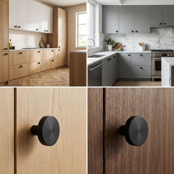 Collage von zwei Küchen mit grauen und hellbraunen Holzfronten sowie schwarzen, runden Möbelknöpfen