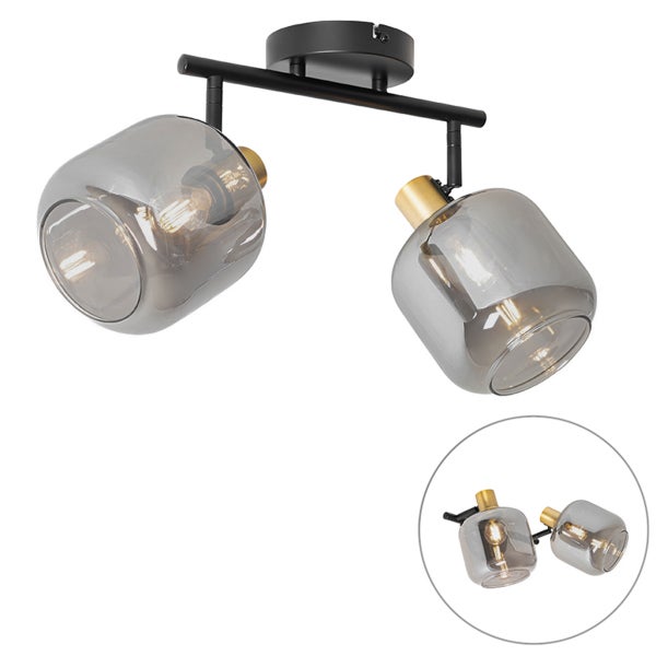 Deckenstrahler 2-flammig mit verstellbaren Spots, rauchfarbenen Glasschirmen, schwarzem Metallgestell und goldfarbenen Details.