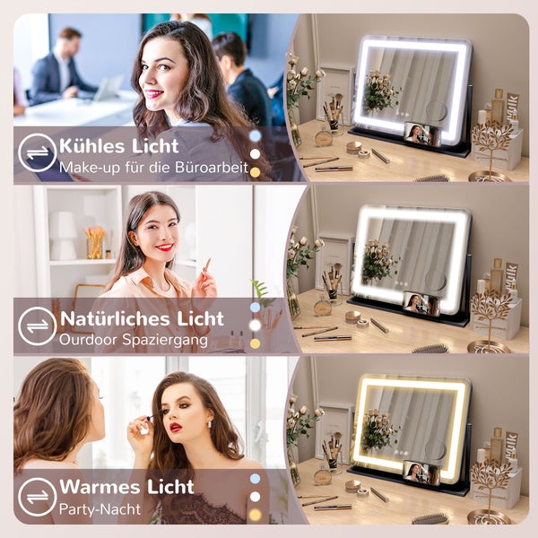 HOMCOM Schminkspiegel mit Beleuchtung, LED Kosmetikspiegel mit 3 Lichtfarben, Tischspiegel mit 10X Vergrößerung, Handy-Halter, USB-Ladeanschluss, 360° Drehbar, Schwarz