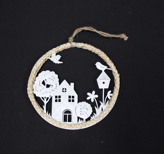 FRANK FLECHTWAREN | Hänger Haus mit Garten, METALL, SEEGRAS, JUTE, 18,5 x 1,5 x 18,5 cm