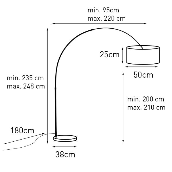 Maßzeichnung einer Bogenlampe mit Angabe von Höhe, Ausladung, Schirmdurchmesser und Kabellänge.