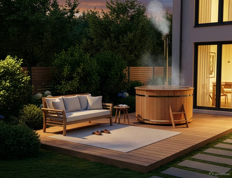 Holz Badefass mit Ofen auf einer Holzterrasse neben einem Gartensofa bei Abenddämmerung.