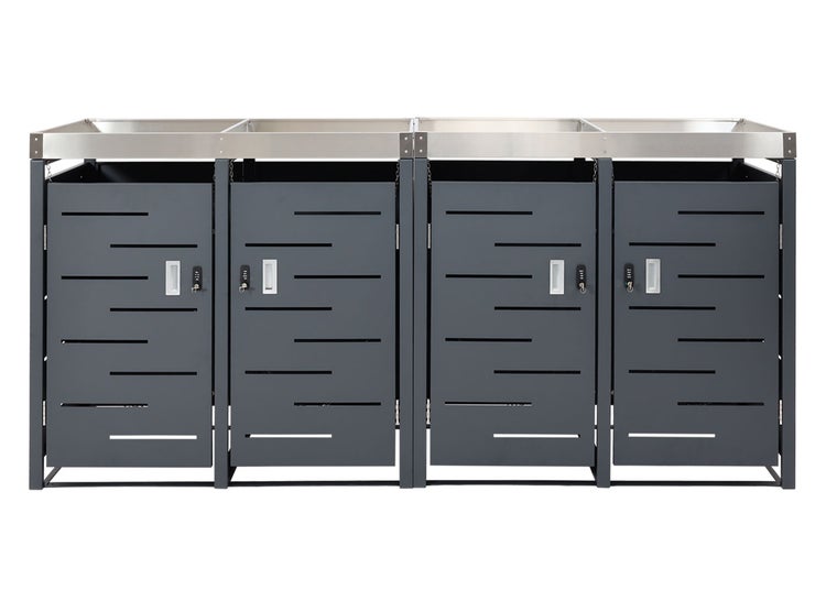 Vier Mülltonnenboxen mit Türen und Schlössern