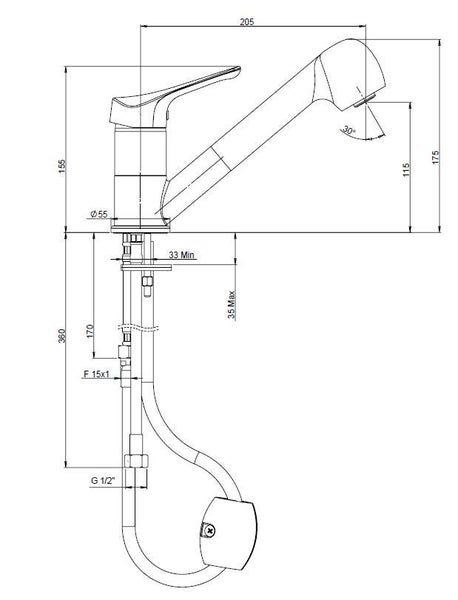 Technische Zeichnung einer Küchenarmatur mit Maßangaben