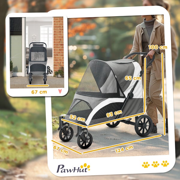 PawHut Hundewagen Hundebuggy klappbar für große Hunde & Katzen bis 30 kg Katzenbuggy mit Kissen Netzfenstern Türen Aufbewahrungstasche Katzenwagen mit Sicherheitsleinen, Bremsen, Buggy Dunkelgrau