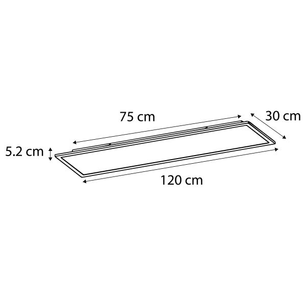 Technische Zeichnung einer Lichtleiste mit den Maßen 120 cm x 30 cm x 5,2 cm und einem Abstand von 75 cm