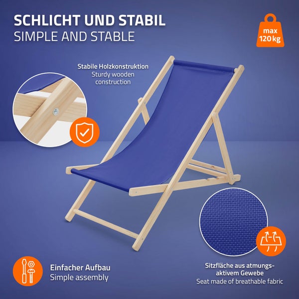 Liegestuhl aus Holz mit blauer, atmungsaktiver Stoff-Sitzfläche, belastbar bis 120 Kilogramm, stabile Konstruktion und einfache Montage.