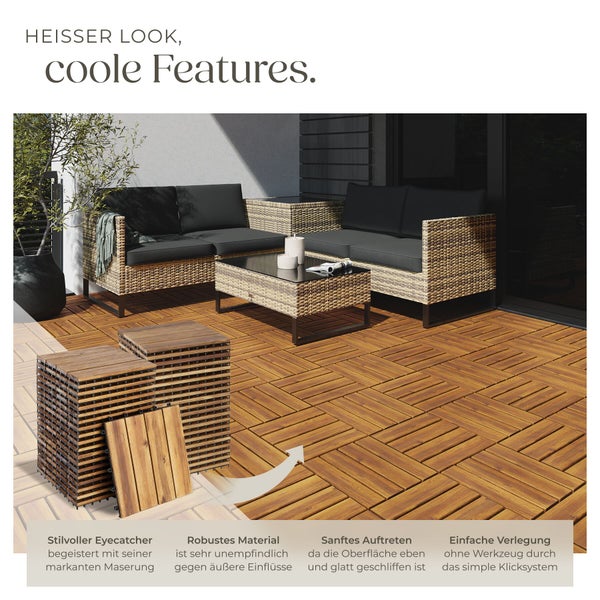 Terrasse mit Holzbodenfliesen zum Klicken auf einer modernen Außenfläche mit Lounge Möbeln.