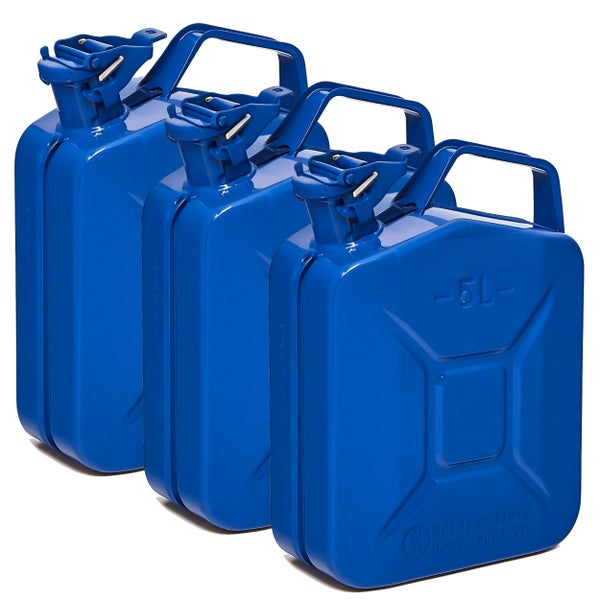 Drei blaue 5-Liter-Kraftstoffkanister aus Stahl