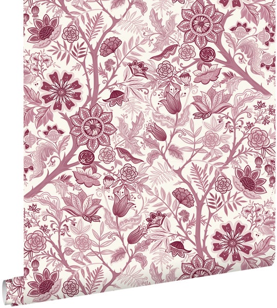 Vliestapete mit floralem Muster, filigrane Zweige und Blüten in Mauve auf hellem Hintergrund.