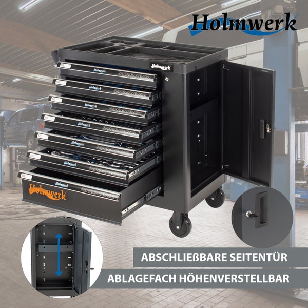 Holmwerk Werkstattwagen mit sieben Schubladen, abschließbarer Seitentür und höhenverstellbarem Ablagefach für den professionellen Einsatz.