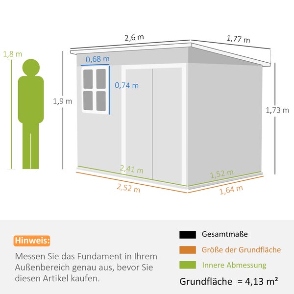Maßzeichnung Gartenhaus mit Pultdach. Gesamt 2,6 mal 1,77 Meter, Grundfläche 2,52 mal 1,64 Meter, Innenmaße 2,41 mal 1,52 Meter.