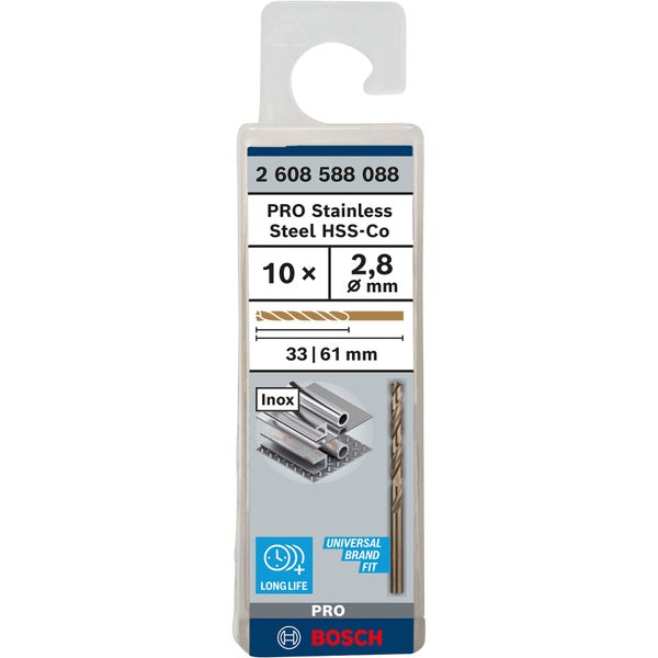 Bosch Pro Edelstahl Stahlbohrer HSS-Co, 10 Stück, 2,8 mm