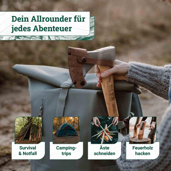 Eine Hand hält eine Adler Outdoor Axt mit Lederschutz vor einem Rucksack, mit Symbolbildern für Survival, Camping, Holzschneiden und Holzhacken.