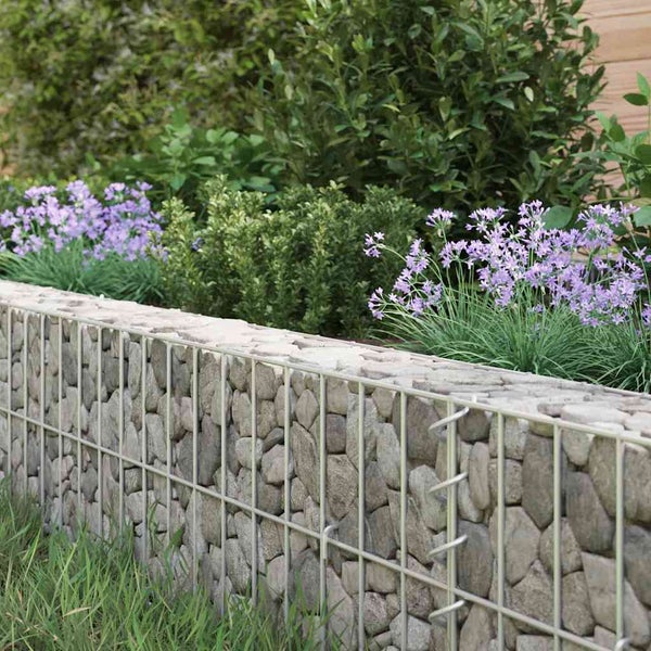 Niedrige Gartenmauer aus Gabionen mit Steinfüllung, bepflanzt mit violetten Blumen und grünen Sträuchern in einem hellen, gepflegten Garten.