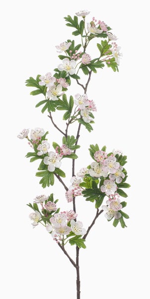 Künstlicher Blütenzweig mit weiß-rosa Blüten, grünen Blättern und Knospen.