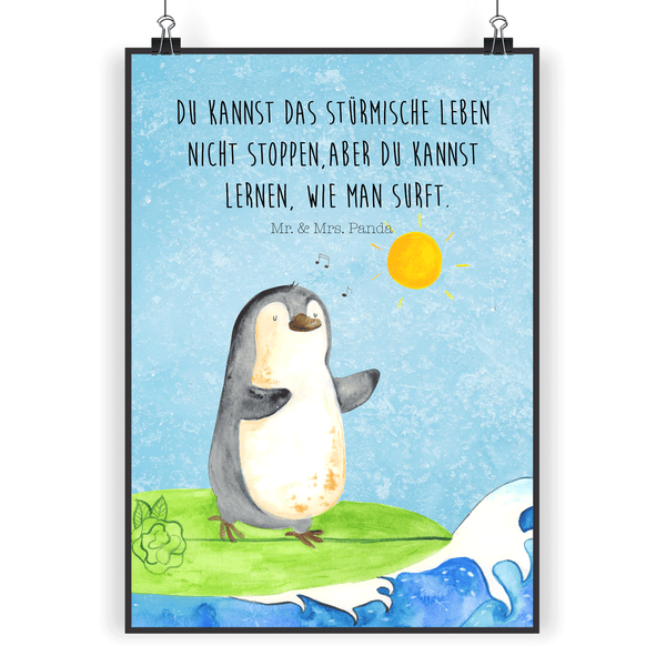 Mr. & Mrs. Panda DIN A5 Poster Pinguin Surfer - Eisblau