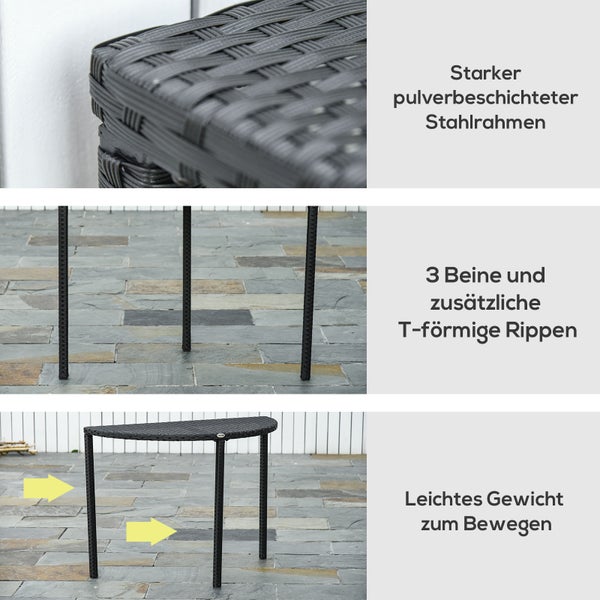 Outsunny Balkontisch Garten Beistelltisch Tisch Gartenmöbel halbrund Polyrattan Metall Schwarz 100 x 50 x 74 cm
