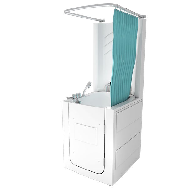 Barrierefreie Sitzbadewanne mit Einstiegstür, integriertem Sitz, Armatur, Handbrause und Duschvorhang.