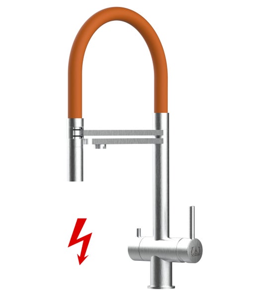 NIEDERDRUCK 3 Wege Wasserhahn Küchenarmatur, Edelstahl Massiv mit 360° schwenkbarem Auslauf, abnehmbare 2 strahl Handbrause, Gebürstet / Orange