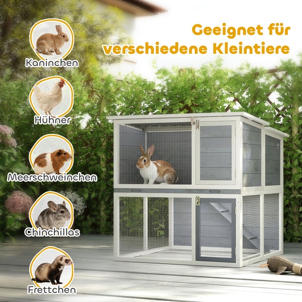 Zweistöckiger Kleintierstall aus Holz und Drahtgitter für Kleintiere wie Kaninchen, Hühner, Meerschweinchen, Chinchillas und Frettchen.