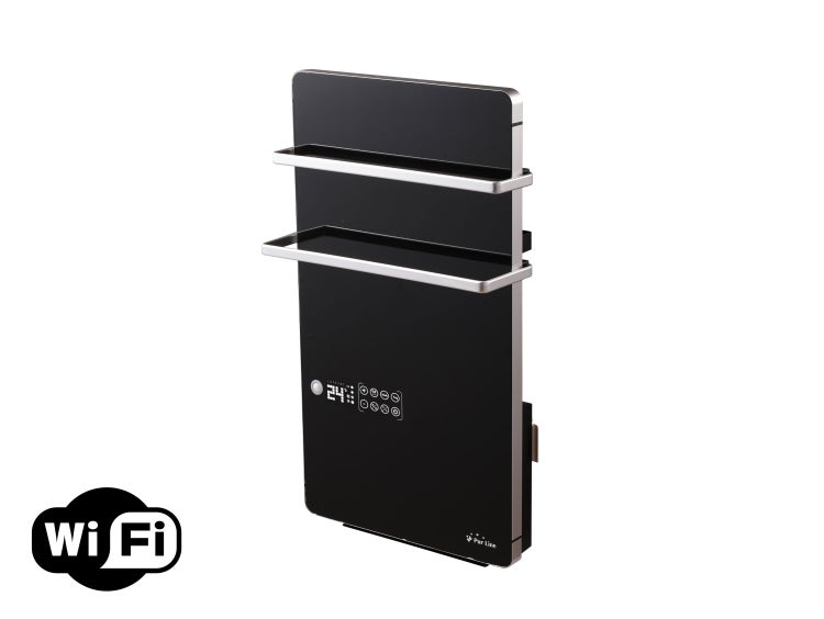 Schwarzer Handtuchheizkörper mit zwei Handtuchhaltern und digitaler Anzeige