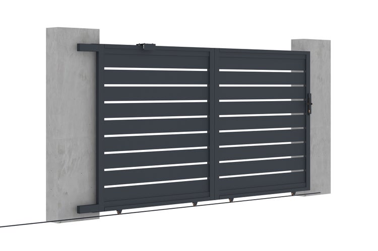 Schiebetor zwischen zwei Betonpfeilern mit horizontalen Lamellen