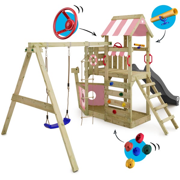 WICKEY Spielturm Klettergerüst SeaFlyer mit Schaukel und Rutsche, Baumhaus mit Sandkasten, Kletterleiter und Spiel-Zubehör – pastellpink