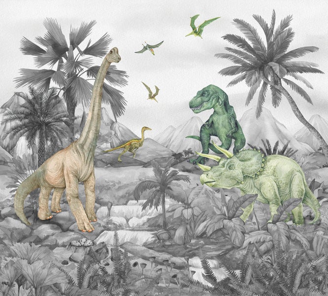 Illustration von Dinosauriern in einer prähistorischen Landschaft mit Palmen und Bergen